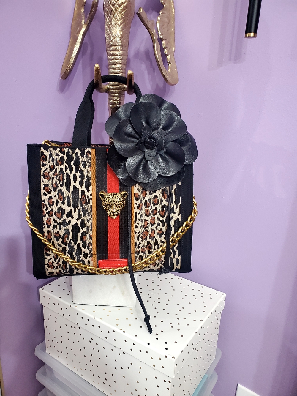 Antonio Melanie Leopard-Print Black Tote with Gold Chain and Floral Accent